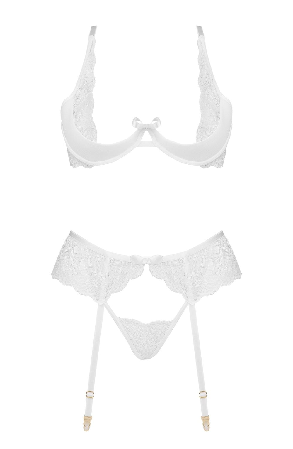 Beauty Night Rose Set White Lace Bra Matching Brief waist detail Belt Nightwear