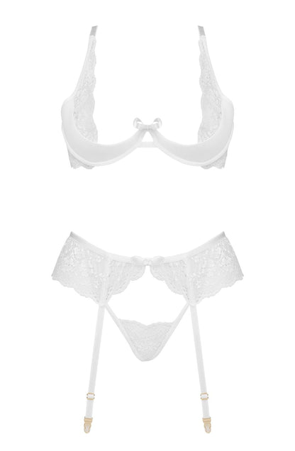 Beauty Night Rose Set White Lace Bra Matching Brief waist detail Belt Nightwear
