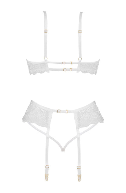 Beauty Night Rose Set White Lace Bra Matching Brief waist detail Belt Nightwear