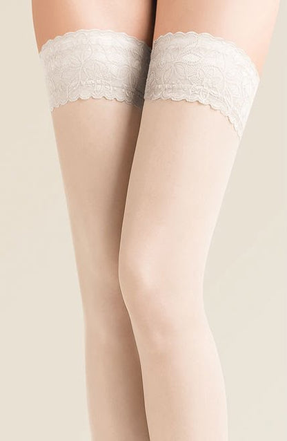 Gabriella Calze White Mesh Lycra Hold Ups with Lace Top and Silicone Strip