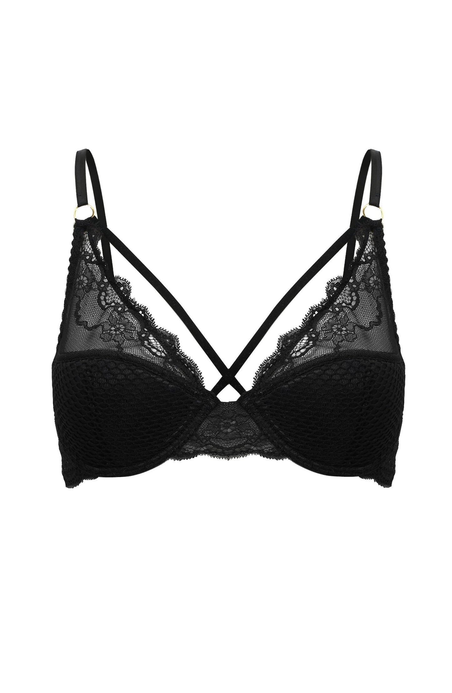Confidante Opium Black Lace and Mesh Bra with Gold Strap Detail for Women