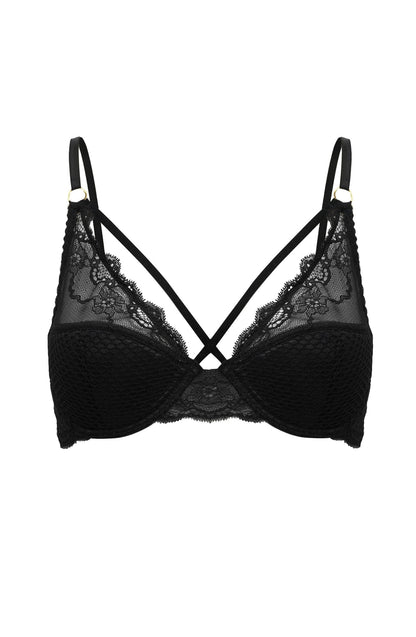 Confidante Opium Black Lace and Mesh Bra with Gold Strap Detail for Women