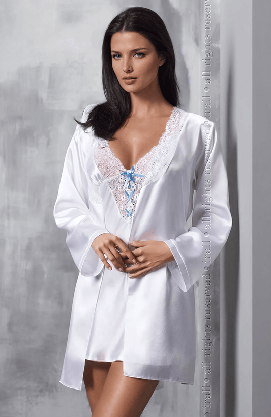 Irall Elsa White Satin Dressing Gown with Lace Trim and Belt