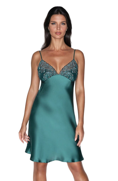 Irall Emerald Dark Green Satin Nightdress with Embroidered Cups and Adjustable Straps