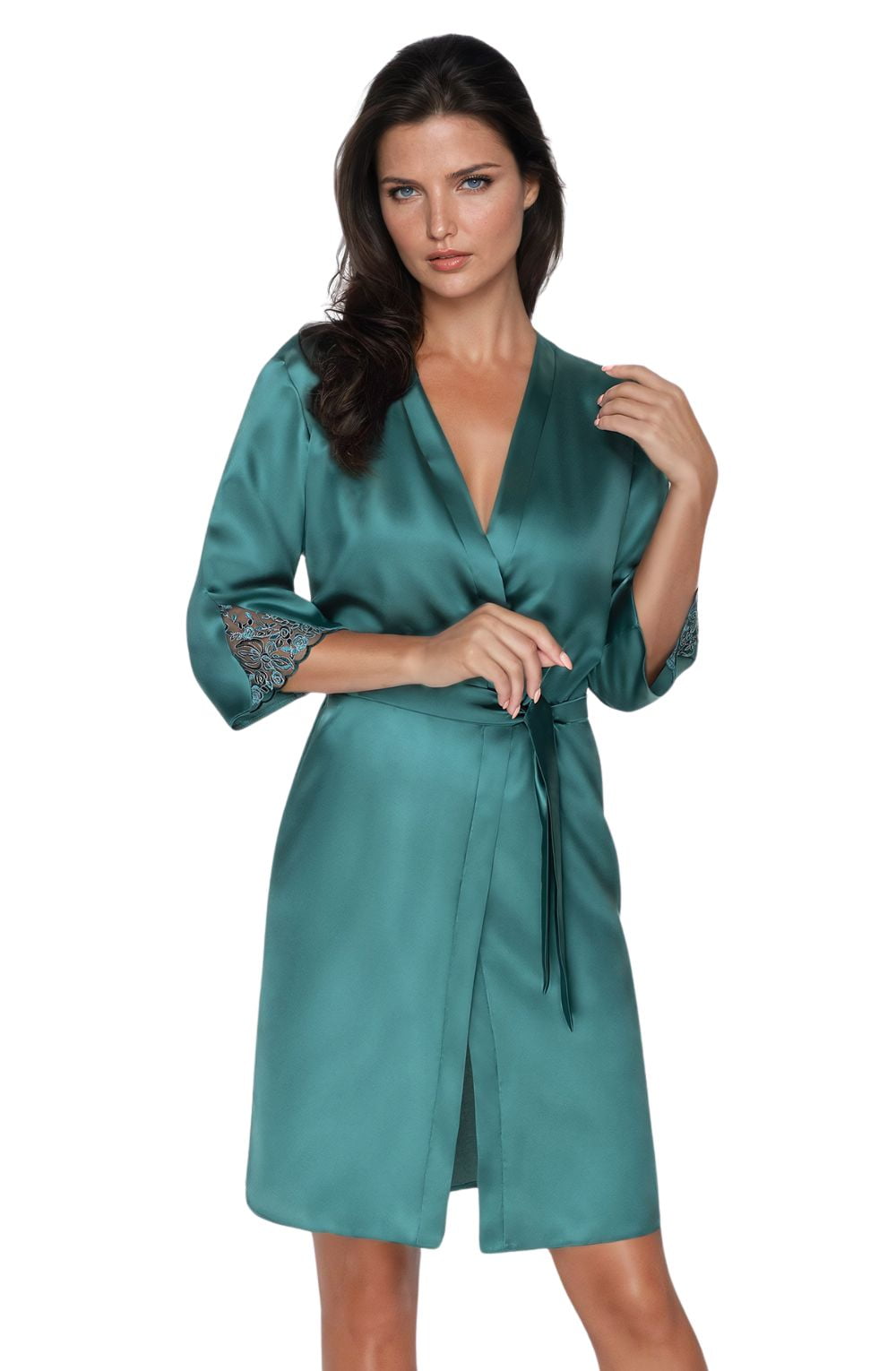 Irall Emerald Green Satin Dressing Gown with Embroidered Floral Design
