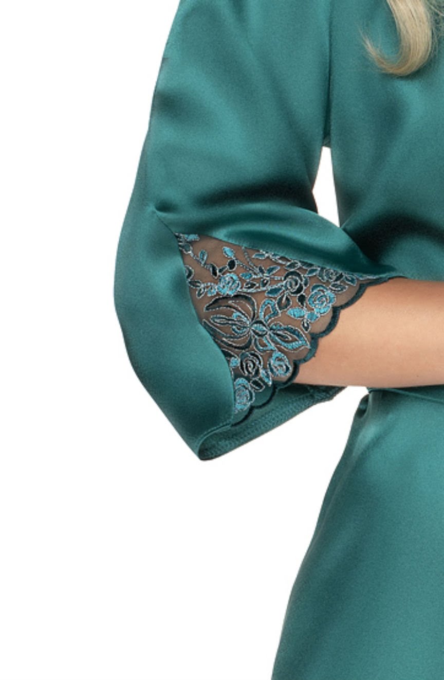 Irall Emerald Green Satin Dressing Gown with Embroidered Floral Design