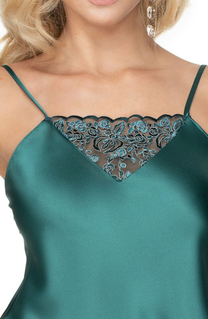 Irall Emerald Dark Green Satin Nightdress with Floral Embroidery