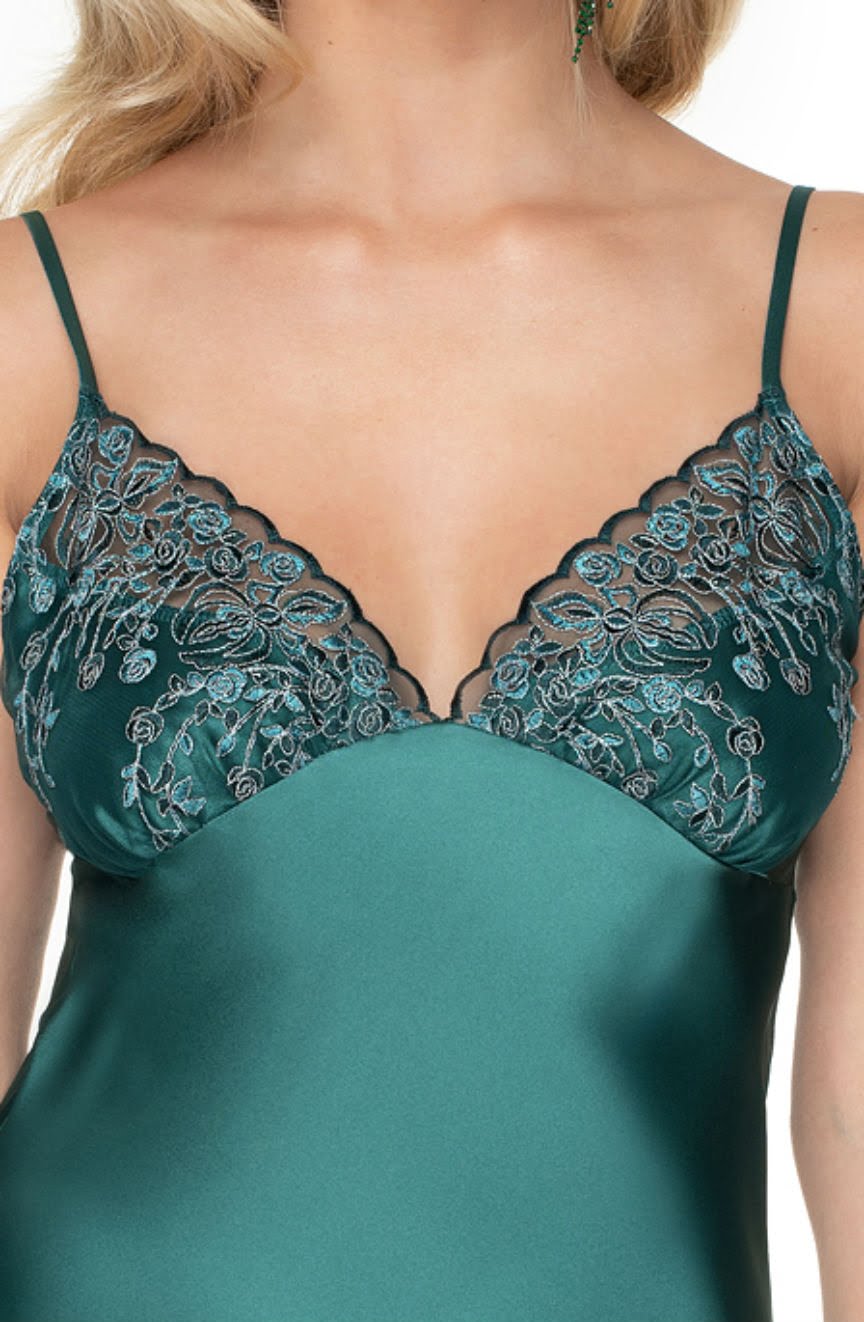Irall Emerald Dark Green Satin Nightdress with Embroidered Cups and Adjustable Straps