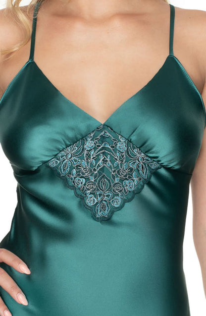 Irall Emerald Dark Green Satin Nightdress with Lace and Embroidery