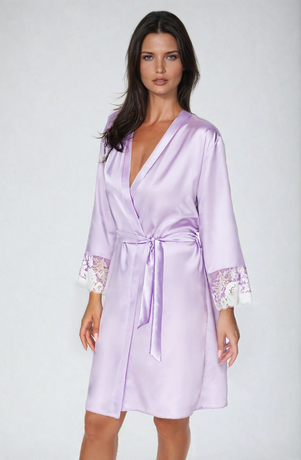 Irall Andromeda Lavender Satin Dressing Gown with Floral Lace Trim