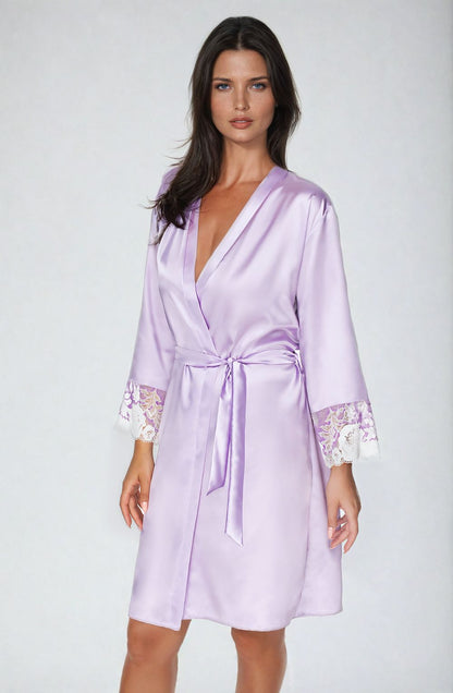 Irall Andromeda Lavender Satin Dressing Gown with Floral Lace Trim