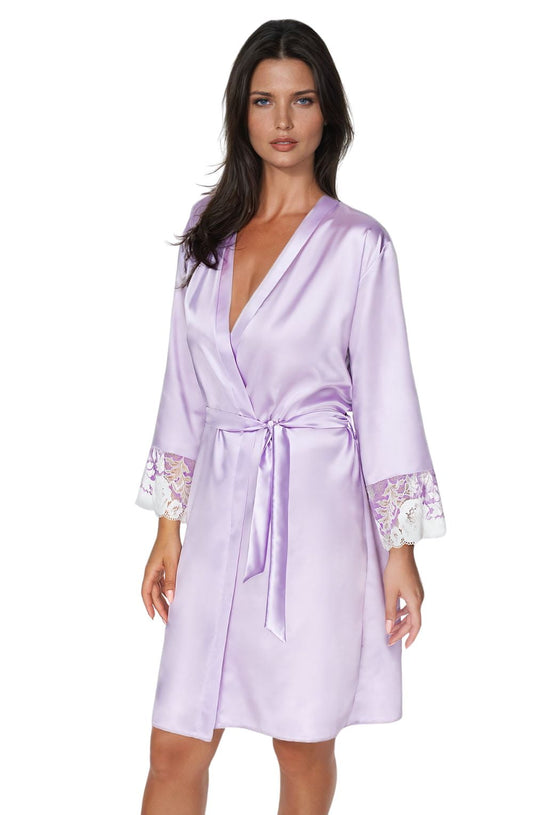 Irall Andromeda Lavender Satin Dressing Gown with Floral Lace Trim