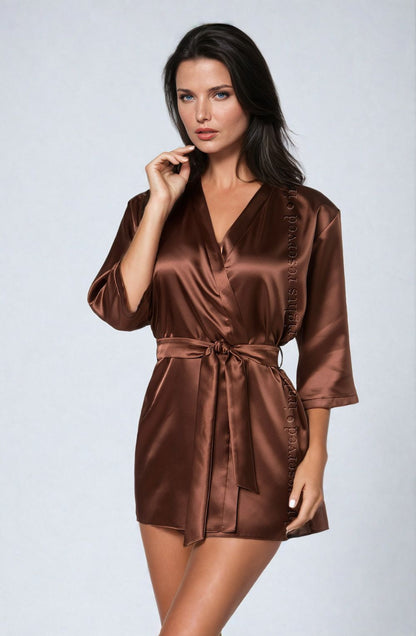 Irall Aria Satin Dressing Gown with Waist Belt in Chocolate