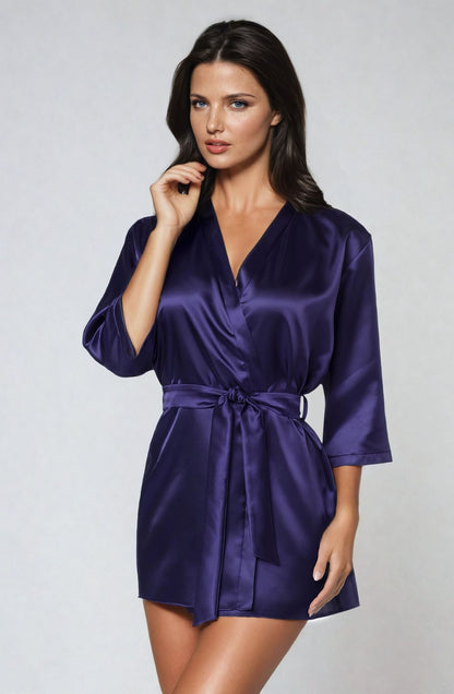 Irall Aria Navy Satin Dressing Gown with Waist Belt