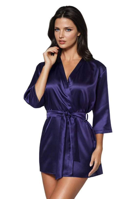 Irall Aria Navy Satin Dressing Gown with Waist Belt