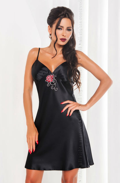 Irall Dakota Black Satin Nightdress with Embroidered Floral Design