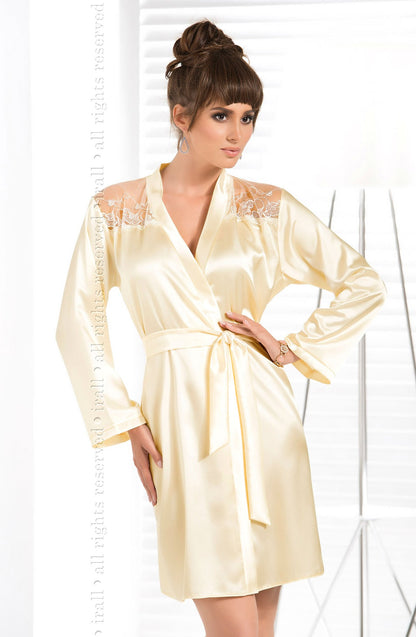 Irall Daphne Cream Satin Dressing Gown with Embroidered Mesh Panels and Waist Tie Belt