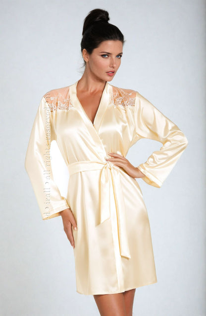 Irall Daphne Cream Satin Dressing Gown with Embroidered Mesh Panels and Waist Tie Belt