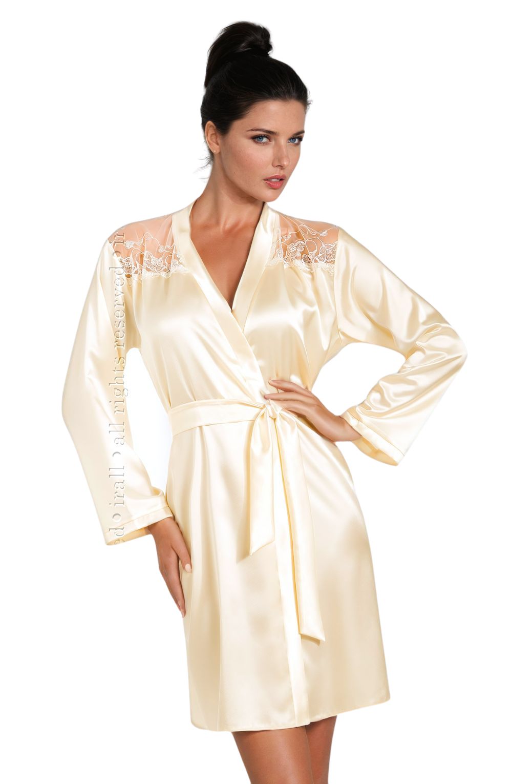 Irall Daphne Cream Satin Dressing Gown with Embroidered Mesh Panels and Waist Tie Belt