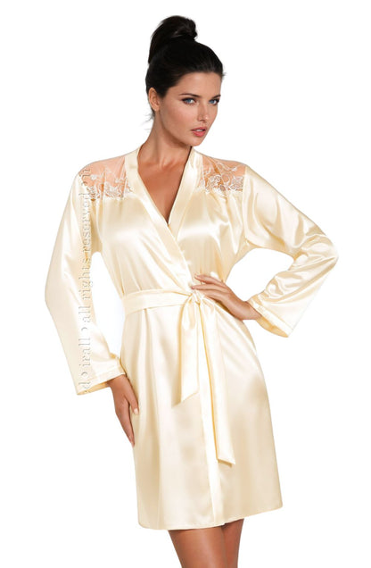 Irall Daphne Cream Satin Dressing Gown with Embroidered Mesh Panels and Waist Tie Belt