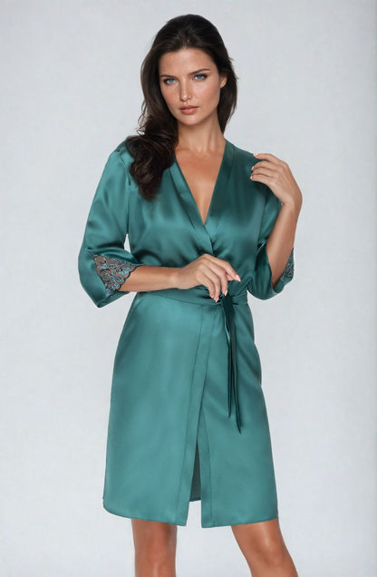 Irall Emerald Green Satin Dressing Gown with Embroidered Floral Design
