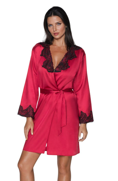 Irall Juniper Burgundy Satin Dressing Gown with Black Lace Trim
