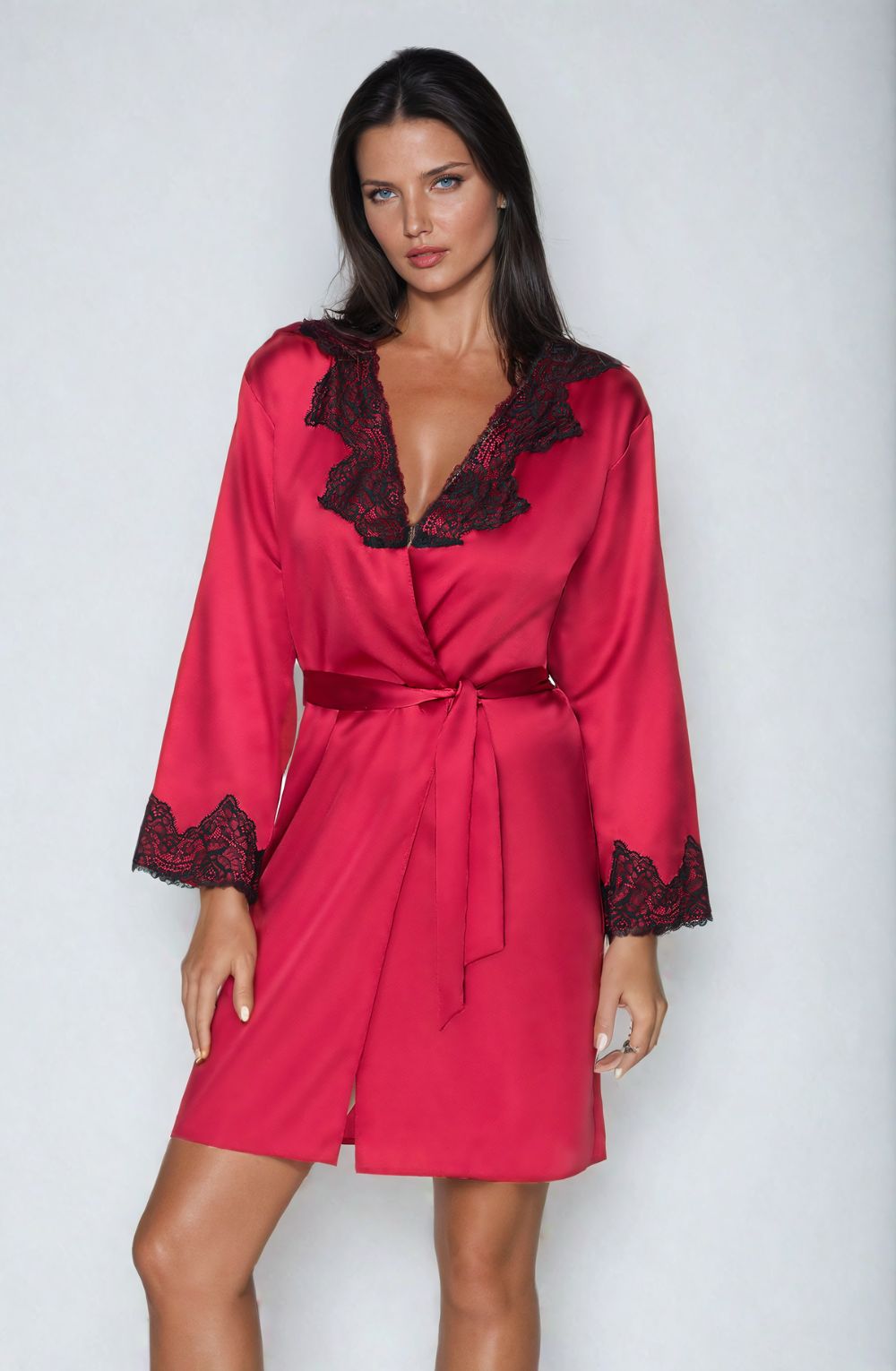 Irall Juniper Burgundy Satin Dressing Gown with Black Lace Trim