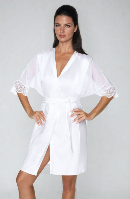 Irall Sharon White Satin and Chiffon Dressing Gown with Lace Sleeves for Women
