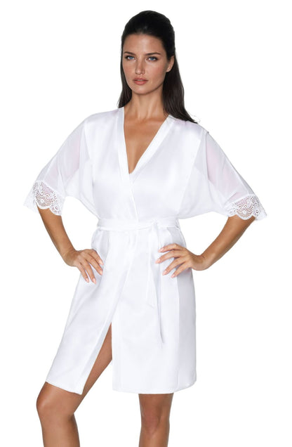 Irall Sharon White Satin and Chiffon Dressing Gown with Lace Sleeves for Women