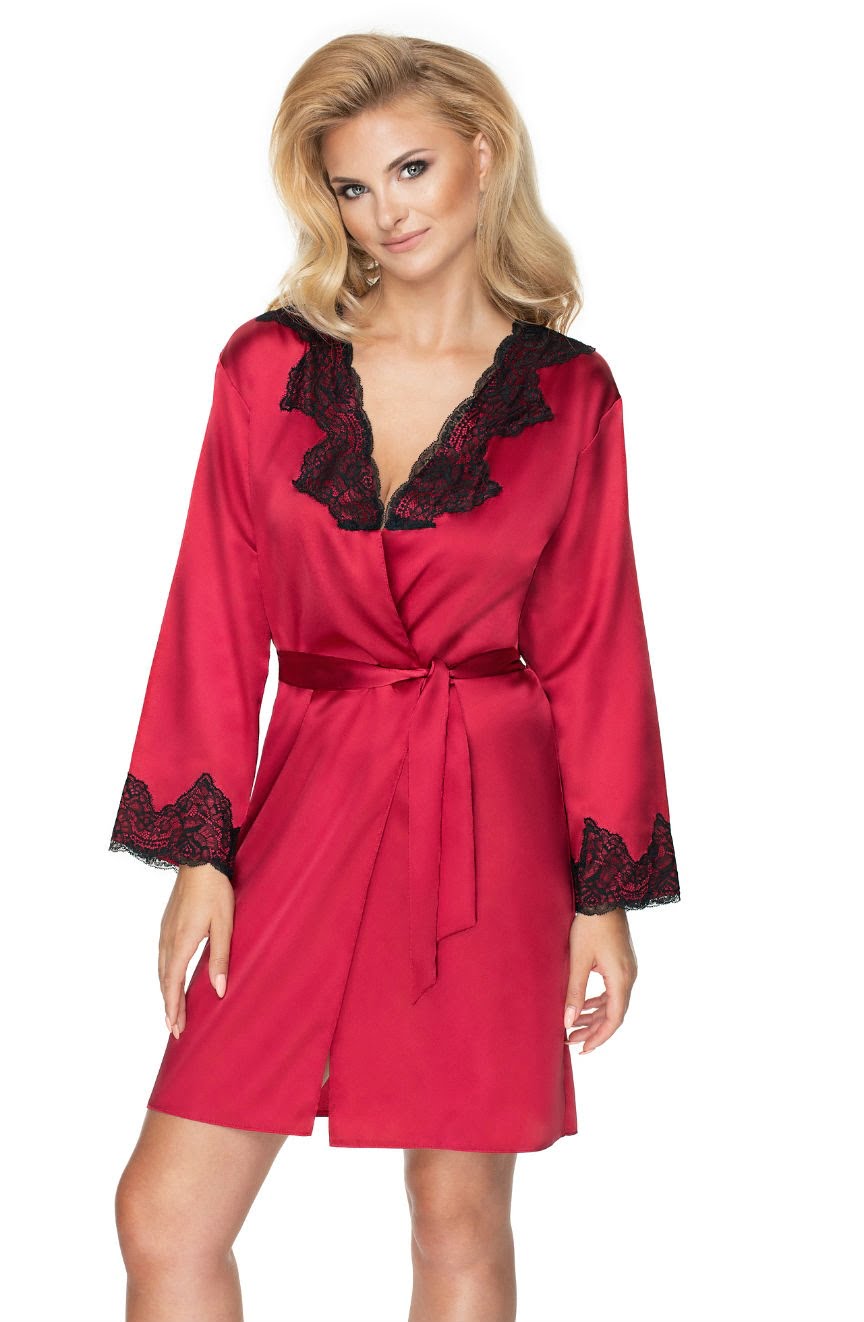 Irall Juniper Burgundy Satin Dressing Gown with Black Lace Trim