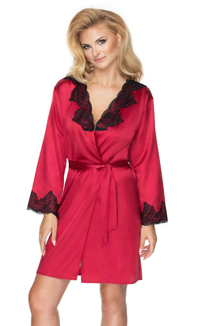 Irall Juniper Burgundy Satin Dressing Gown with Black Lace Trim
