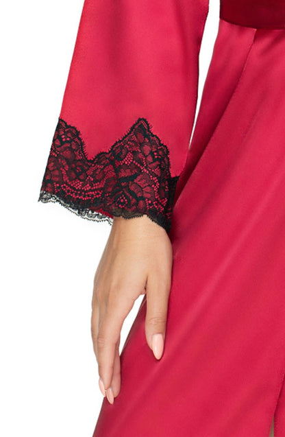 Irall Juniper Burgundy Satin Dressing Gown with Black Lace Trim