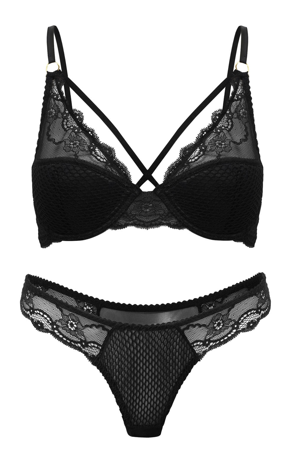 Confidante Opium Black Lace and Mesh Bra with Gold Strap Detail for Women
