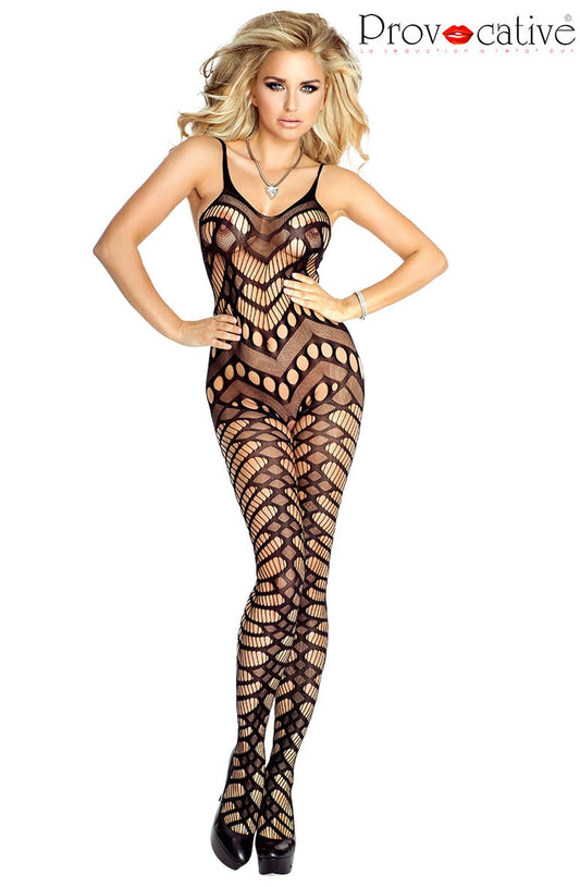 Black Mesh Jumpsuit with Intricate Pattern and Thin Shoulder Straps
