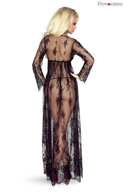 So Elegant Black Lace Robe with Matching Matching Brief Full Length Set