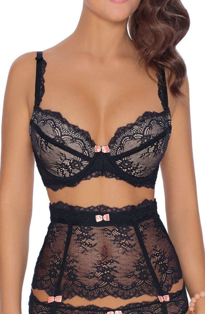 Roza Ambre Black Push Up Bra with Lace and Bow Details