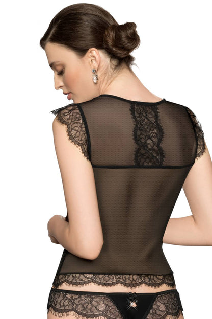 Roza Erii Black Soft Stretch Shirt with Eyelash Lace Cap Sleeves