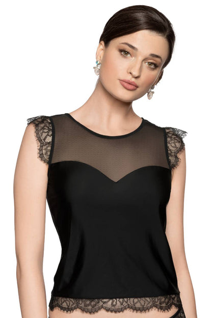 Roza Erii Black Soft Stretch Shirt with Eyelash Lace Cap Sleeves