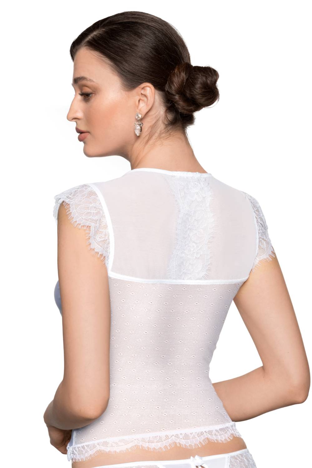 Roza Erii White Soft Stretch Shirt with Eyelash Lace Cap Sleeves