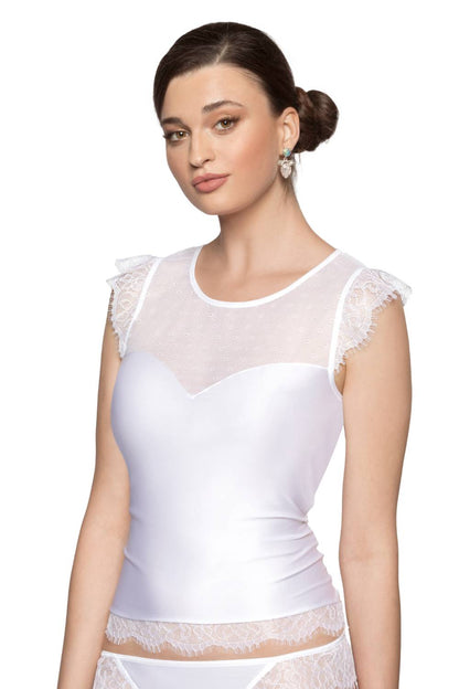Roza Erii White Soft Stretch Shirt with Eyelash Lace Cap Sleeves