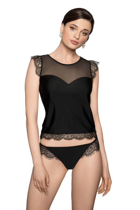 Roza Erii Black Soft Stretch Shirt with Eyelash Lace Cap Sleeves