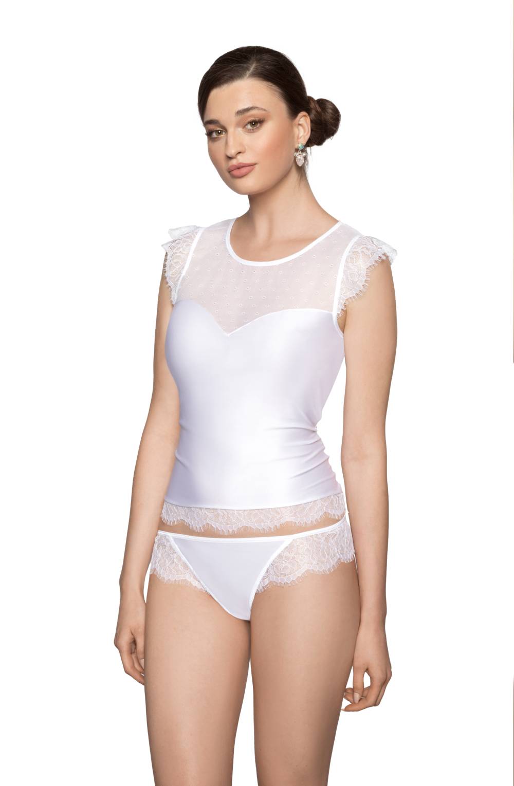 Roza Erii White Soft Stretch Shirt with Eyelash Lace Cap Sleeves