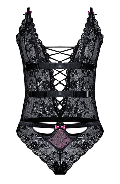 Roza Fifii Black Lace Bodysuit with Pink Satin Bows