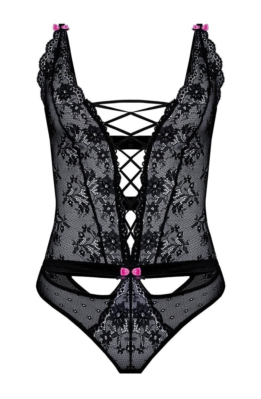 Roza Fifii Black Lace Bodysuit with Pink Satin Bows