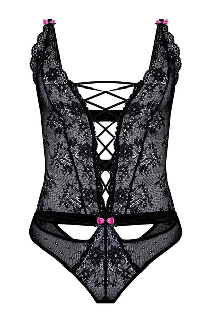 Roza Fifii Black Lace Bodysuit with Pink Satin Bows