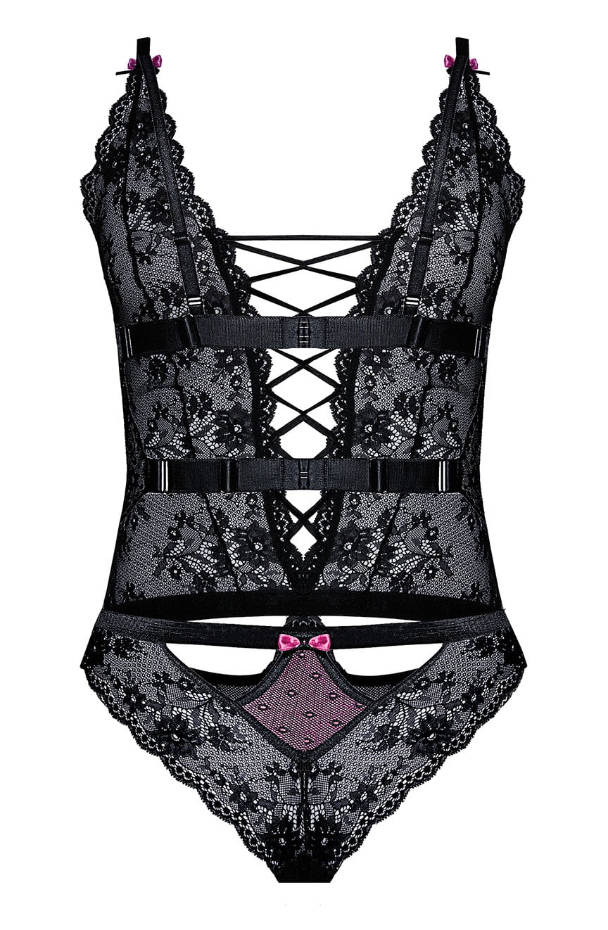 Roza Fifii Black Lace Bodysuit with Pink Satin Bows