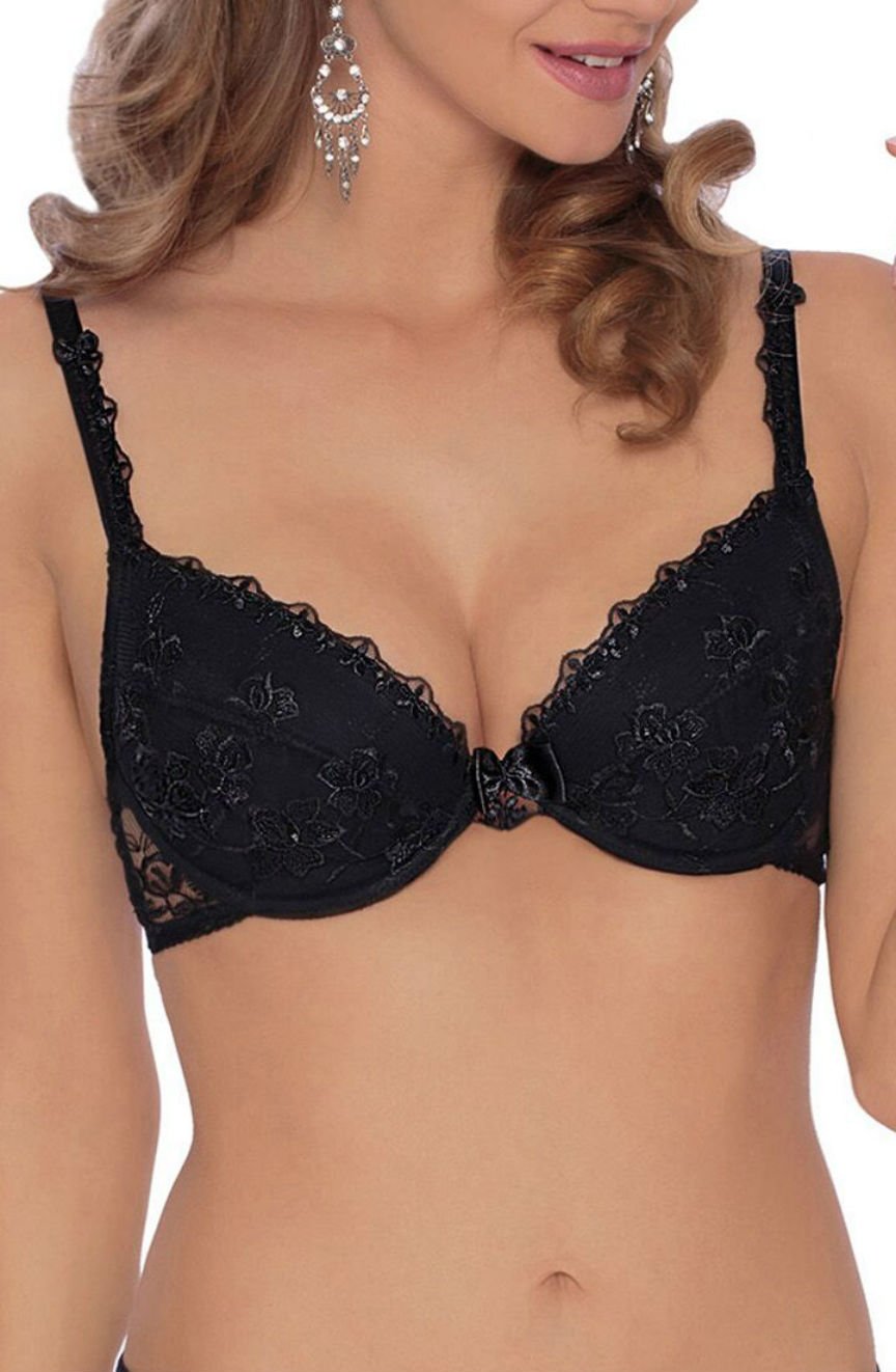 Roza Kalisi Black Push Up Bra with Floral Embroidery and Lace Detail