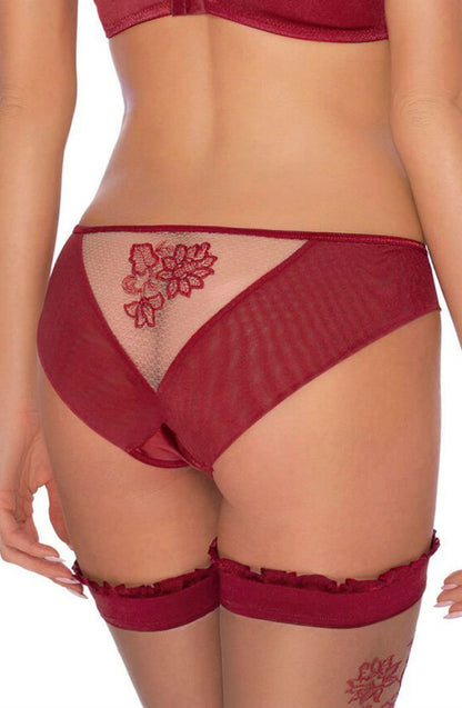 Roza Mehendi Claret Embroidered Brief with Mesh Panel Underwear
