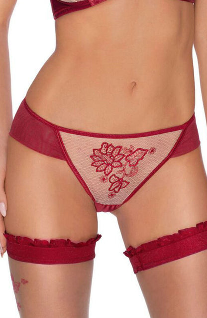 Roza Mehendi Claret Embroidered Brief with Mesh Panel Underwear