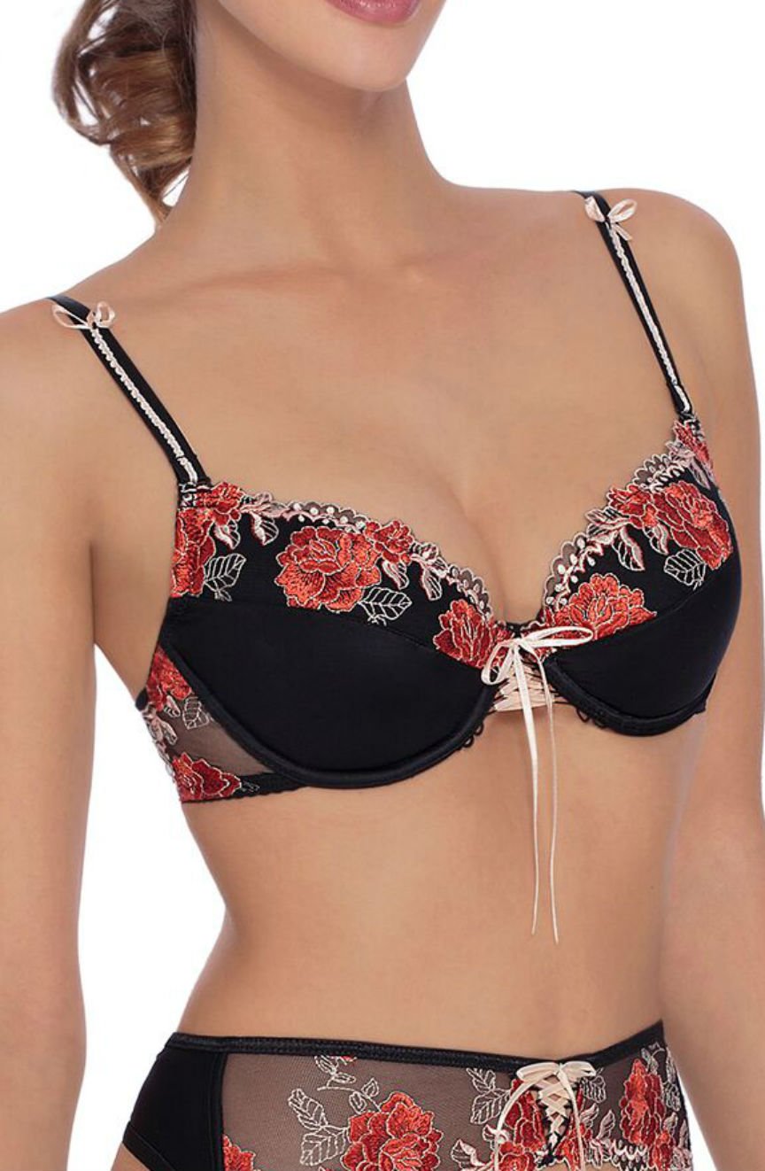 Roza Natali Black Bra with Floral Embroidery and Lace-Up Detail